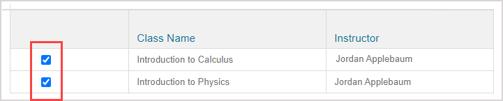 Two check boxes are selected from the list of available classes to self-enroll in to show that multiple classes can be selected simultaneously.